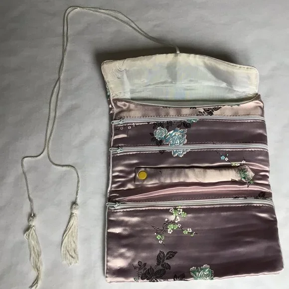 Vintage Pink Satin Jewelry Roll with Bonsai Tree and Rose Design - Picture 2 of 4